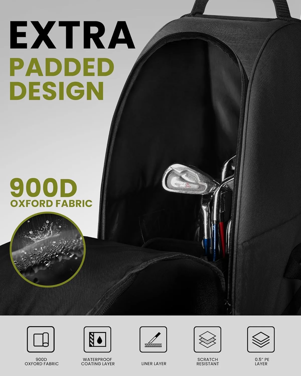 OutdoorMaster Padded Golf Travel Bag with Reinforced Wheels, 900D Heavy Duty Oxford Wear-Resistant and Waterproof Golf Travel Case, Soft-Sided Golf Club Bag