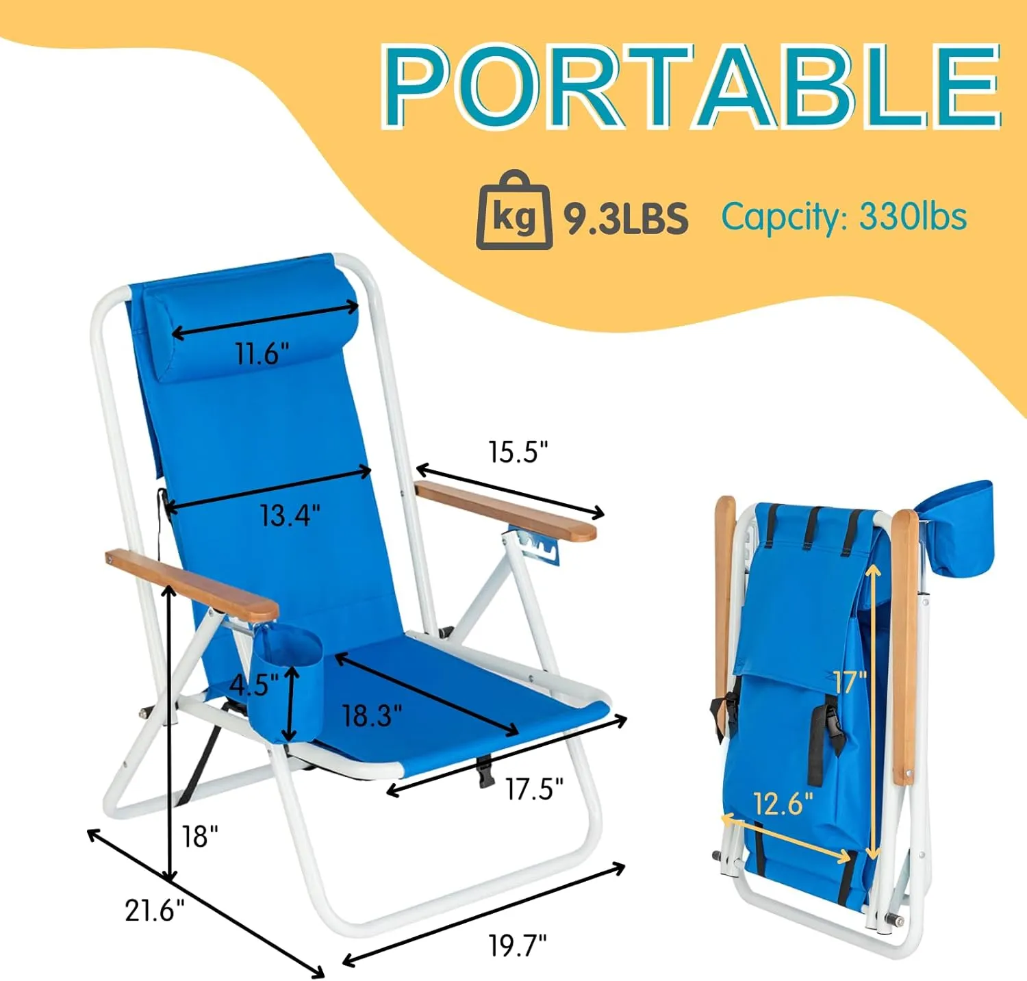 Outvita Folding Beach Chair Adjustable Headrest w/4 Flexible Tilt Angle, Cup Holder Portable High Strength Cleanable Fabric, for Sand Camping Lawn Concert Travel Festival