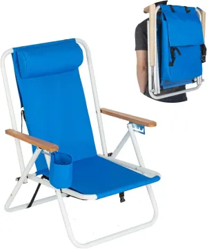 Outvita Folding Beach Chair Adjustable Headrest w/4 Flexible Tilt Angle, Cup Holder Portable High Strength Cleanable Fabric, for Sand Camping Lawn Concert Travel Festival