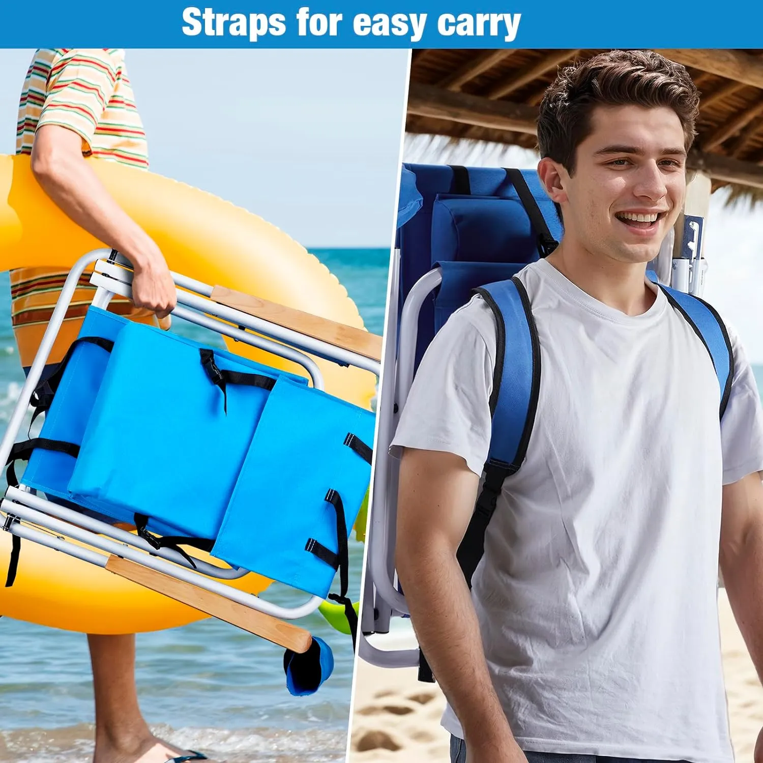 Outvita Folding Beach Chair Adjustable Headrest w/4 Flexible Tilt Angle, Cup Holder Portable High Strength Cleanable Fabric, for Sand Camping Lawn Concert Travel Festival
