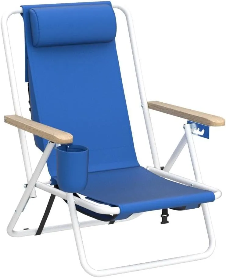 Outvita Folding Beach Chair Adjustable Headrest w/4 Flexible Tilt Angle, Cup Holder Portable High Strength Cleanable Fabric, for Sand Camping Lawn Concert Travel Festival