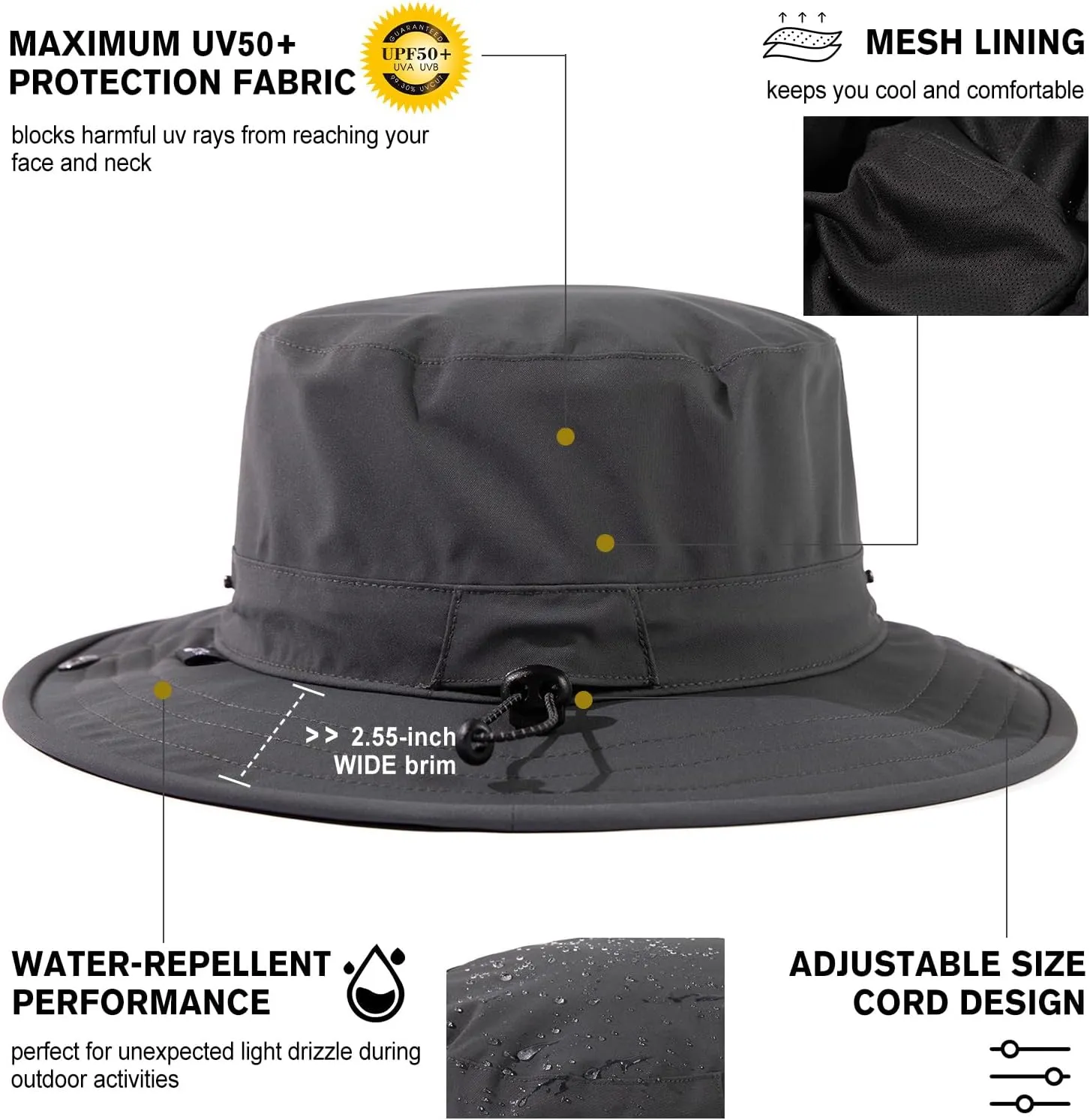 Oversize XL/XXL Bucket Sun Hat Men Women Waterproof UV Packable Lightweight Wide Brim Boonie Cap Golf Fishing Hiking Safari