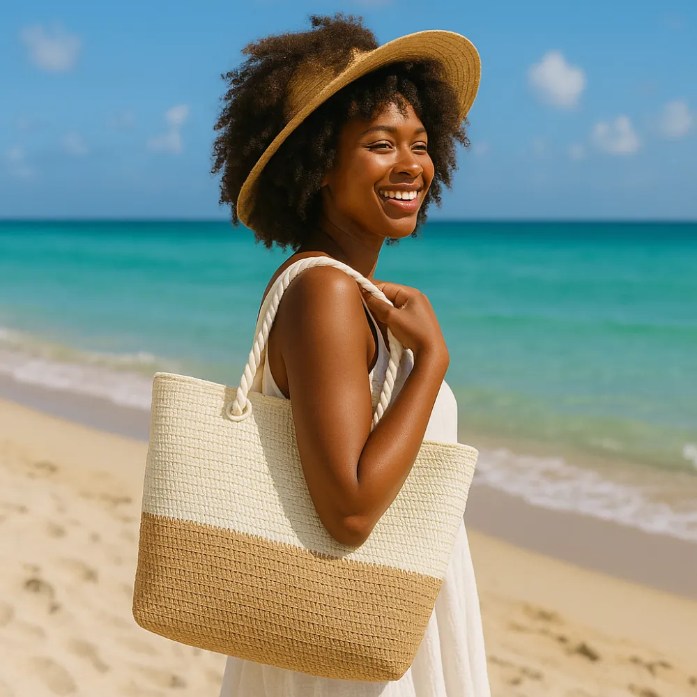 Oversized Beige and Tan Straw Beach Tote Bag with Zipper Closure