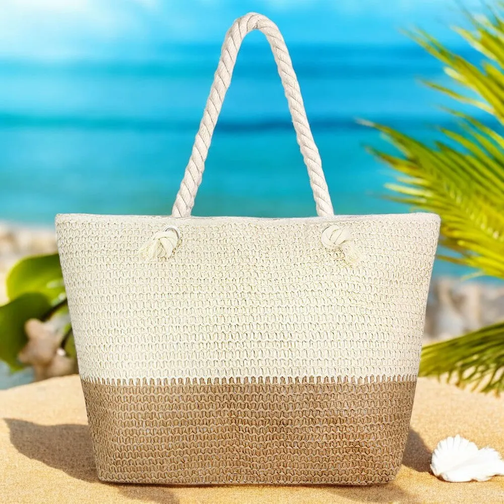 Oversized Beige and Tan Straw Beach Tote Bag with Zipper Closure