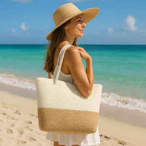 Oversized Beige and Tan Straw Beach Tote Bag with Zipper Closure