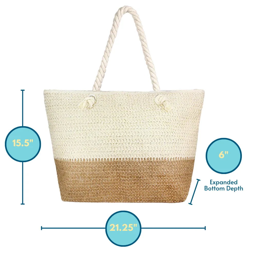 Oversized Beige and Tan Straw Beach Tote Bag with Zipper Closure