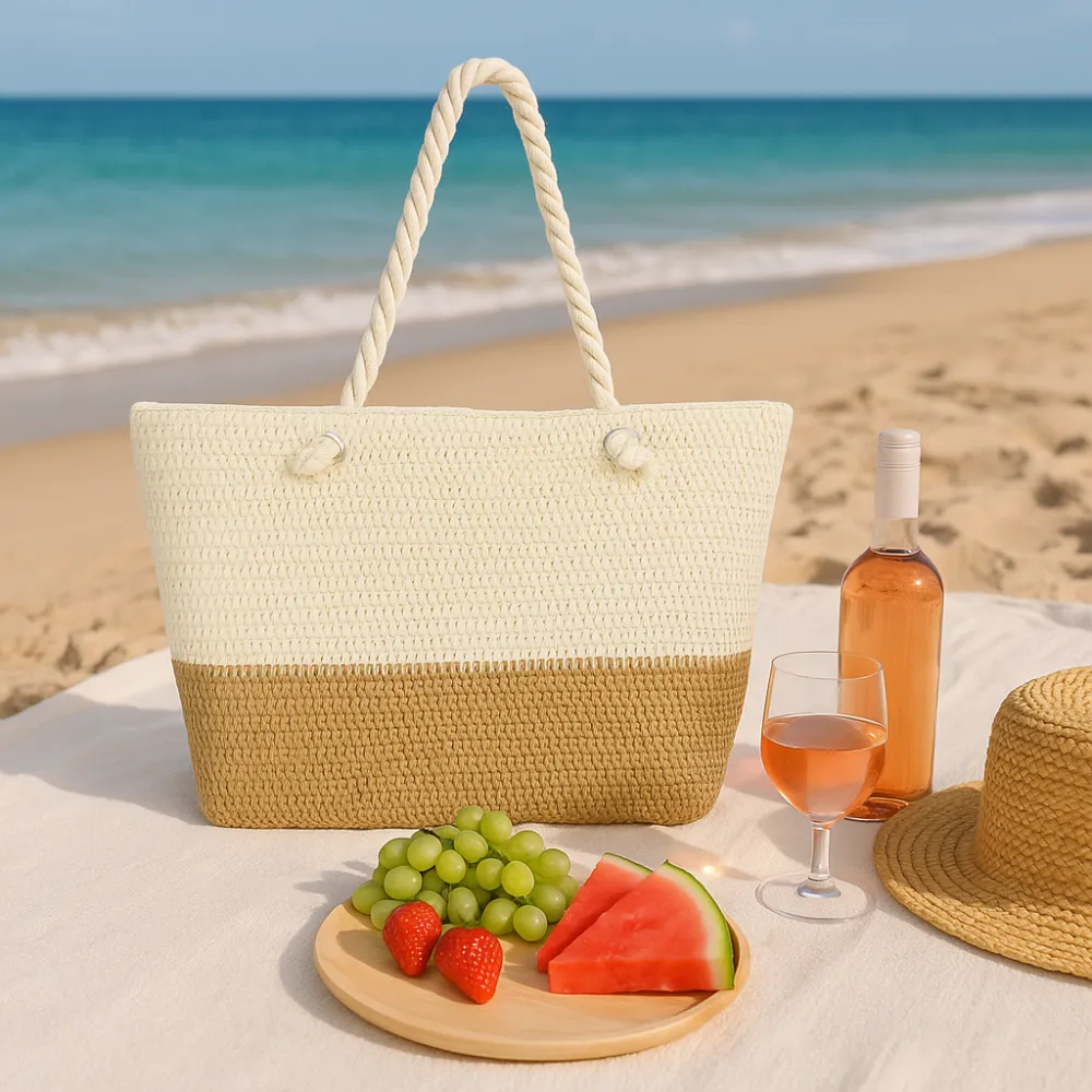 Oversized Beige and Tan Straw Beach Tote Bag with Zipper Closure