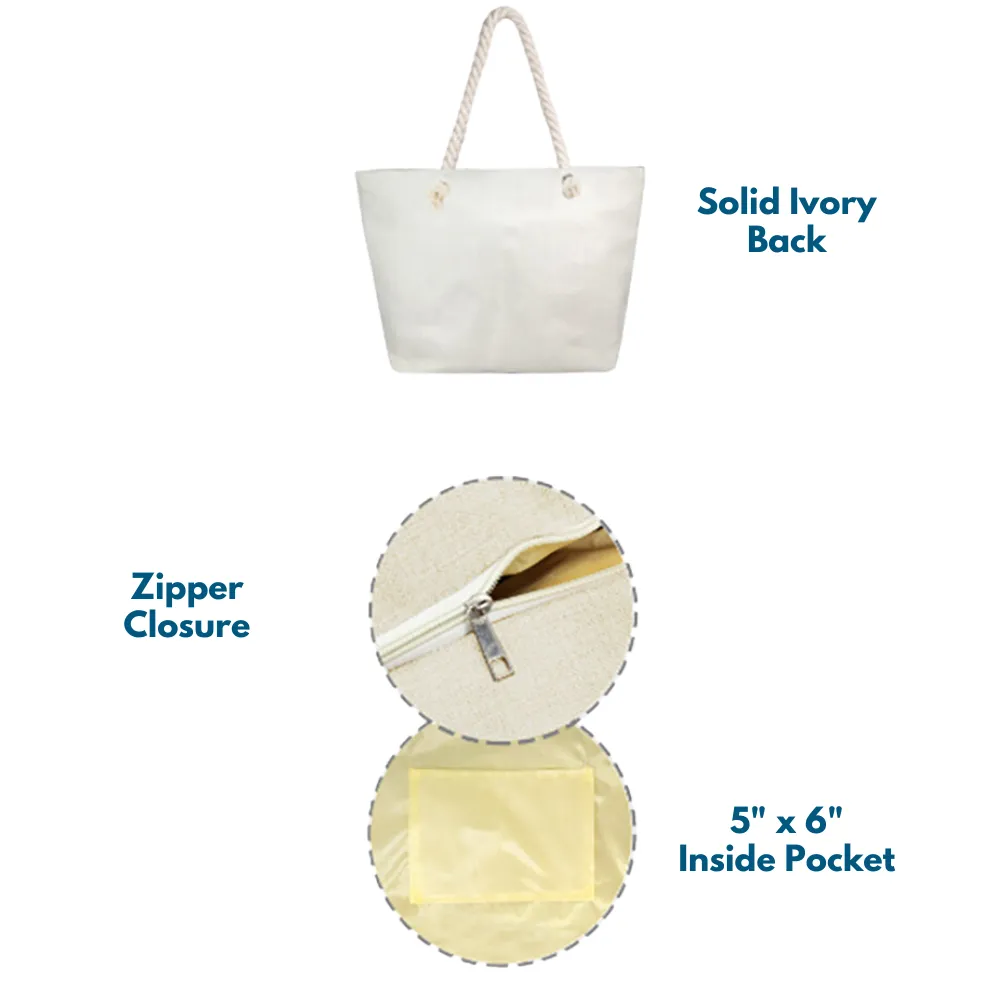Oversized Beige and Tan Straw Beach Tote Bag with Zipper Closure