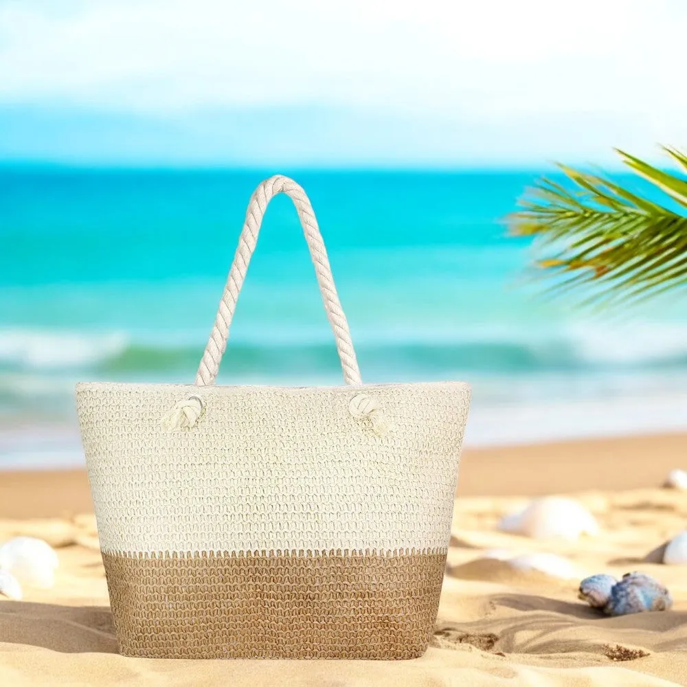 Oversized Beige and Tan Straw Beach Tote Bag with Zipper Closure