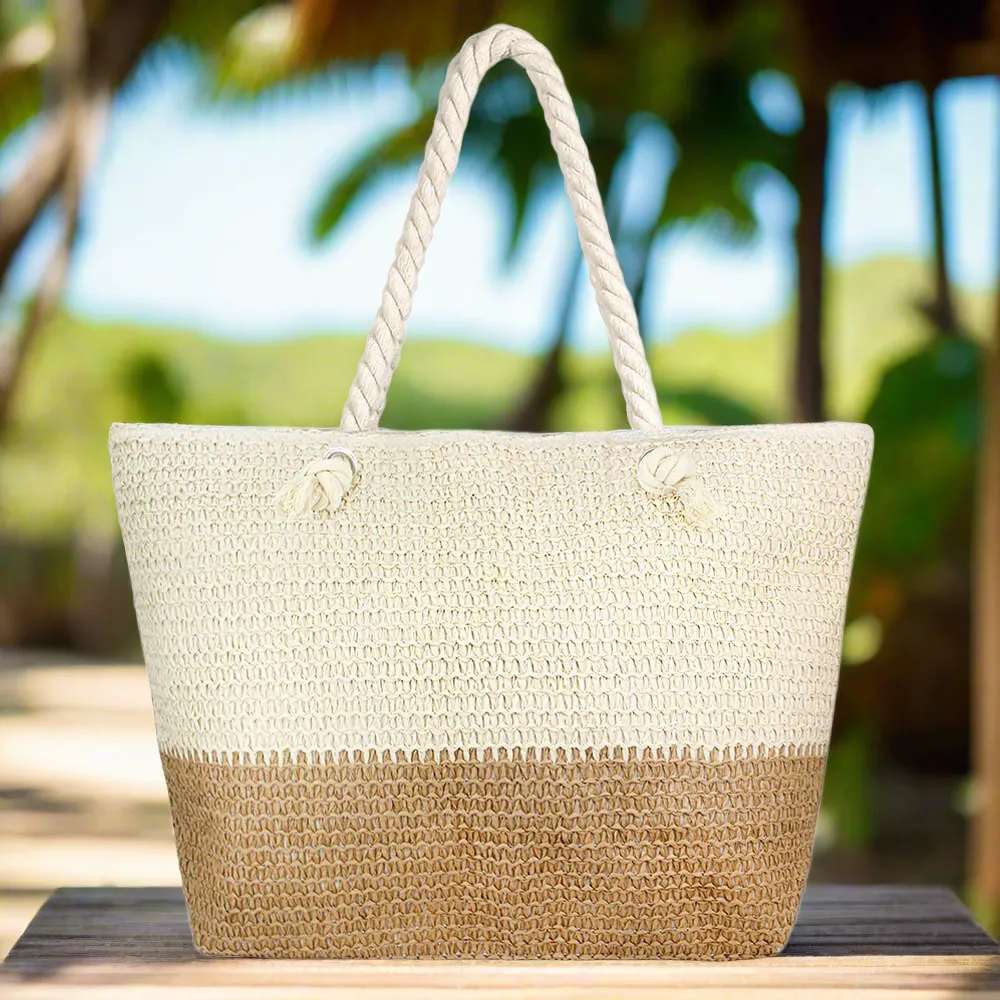 Oversized Beige and Tan Straw Beach Tote Bag with Zipper Closure