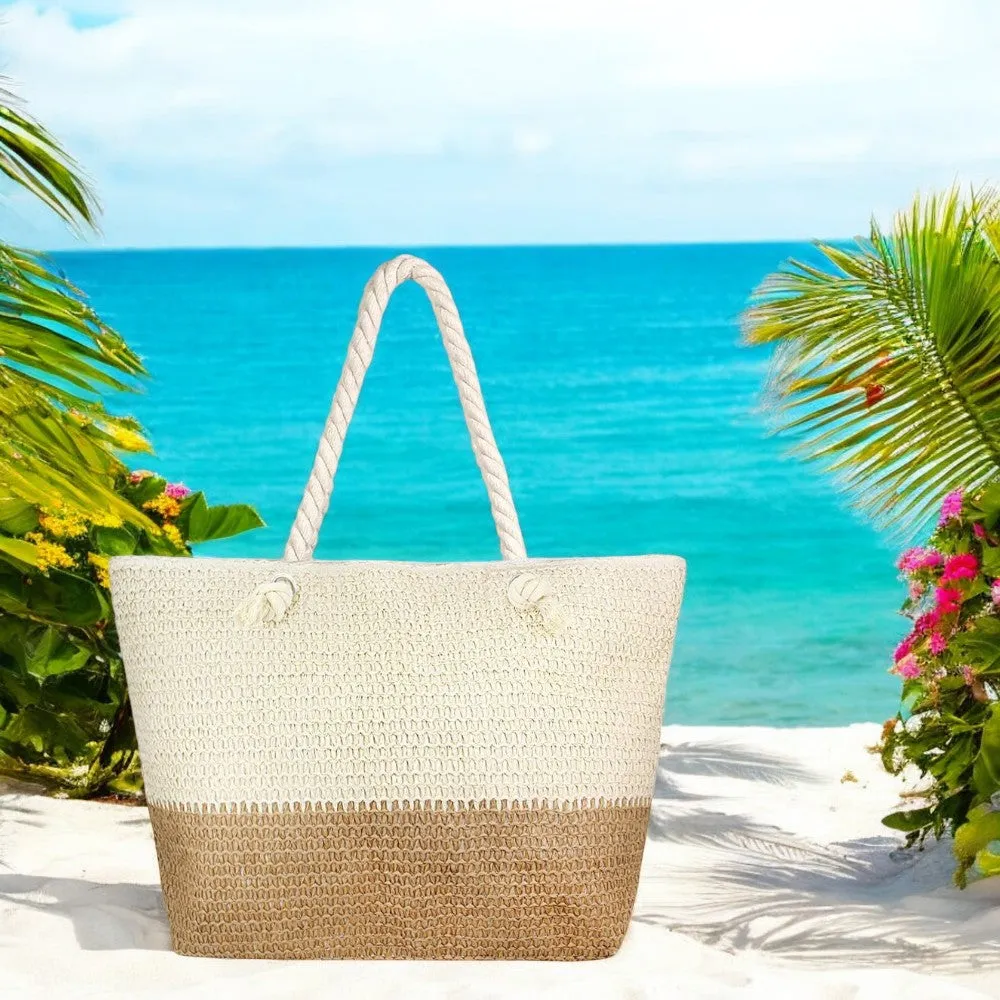 Oversized Beige and Tan Straw Beach Tote Bag with Zipper Closure