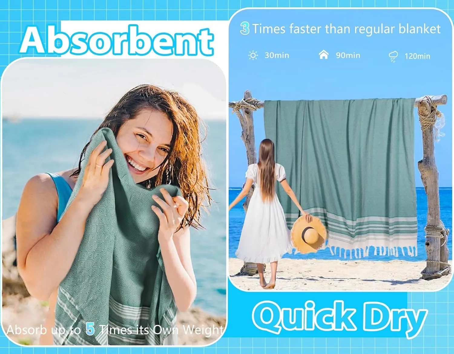 Oversized Cotton Turkish Beach Towel Blanket Giant XL Sandproof Boho Sand Free Towels Huge Jumbo XXL Extra Large Big Throw Quilt Blankets Cloud Teal