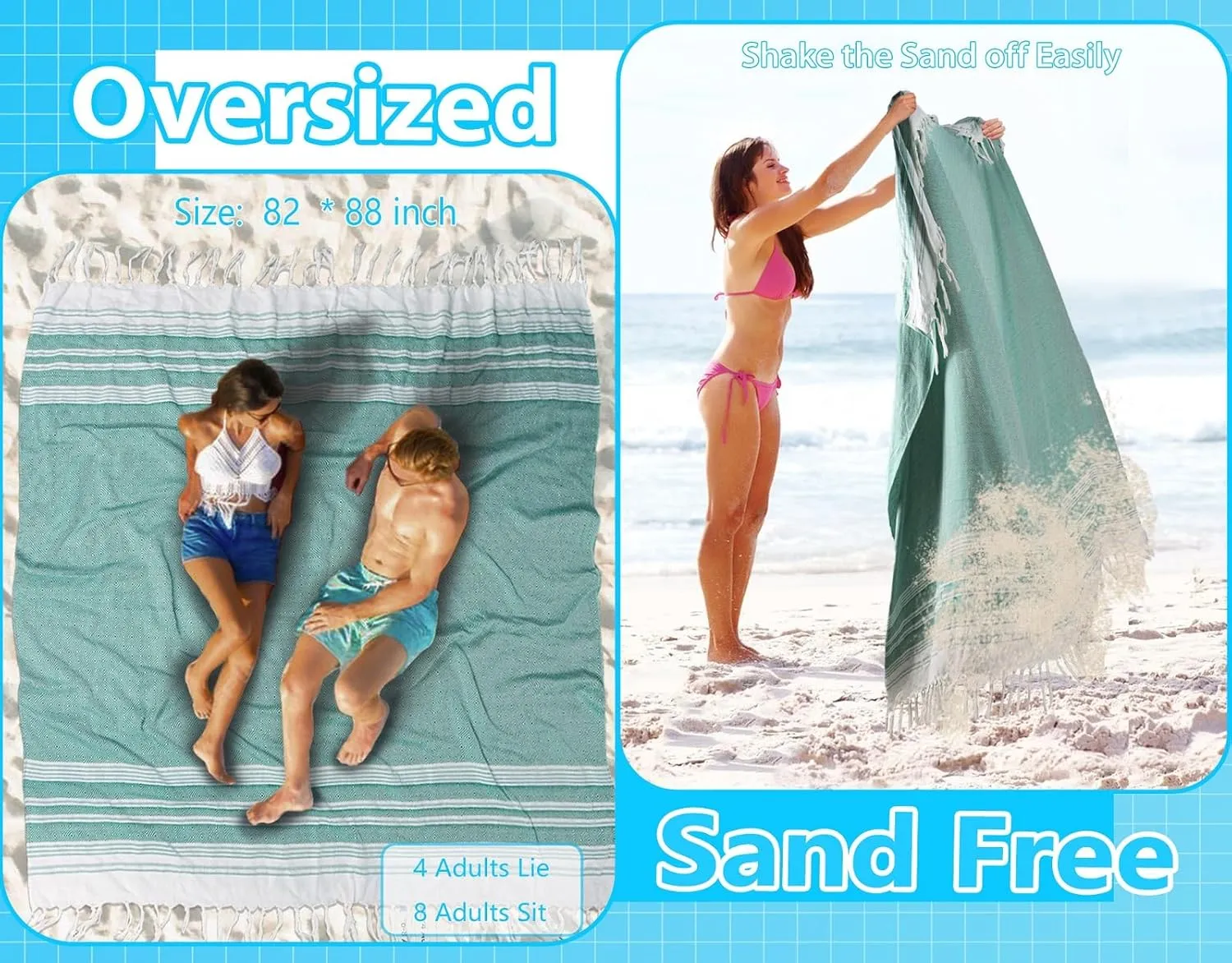 Oversized Cotton Turkish Beach Towel Blanket Giant XL Sandproof Boho Sand Free Towels Huge Jumbo XXL Extra Large Big Throw Quilt Blankets Cloud Teal
