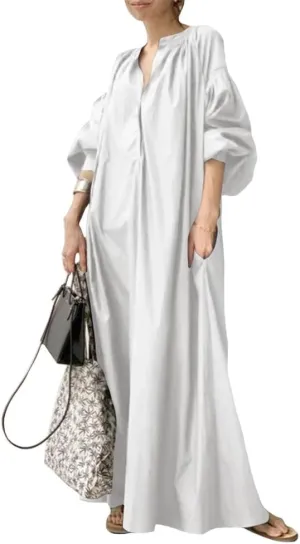Oversized Dress for Women Lantern Long Sleeve Long Dress Casual V Neck Cotton Maxi Dress Plus Size Shirt Dress Pocket
