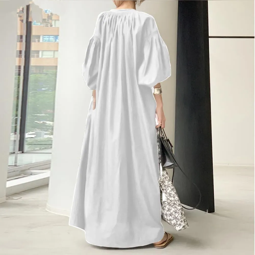 Oversized Dress for Women Lantern Long Sleeve Long Dress Casual V Neck Cotton Maxi Dress Plus Size Shirt Dress Pocket