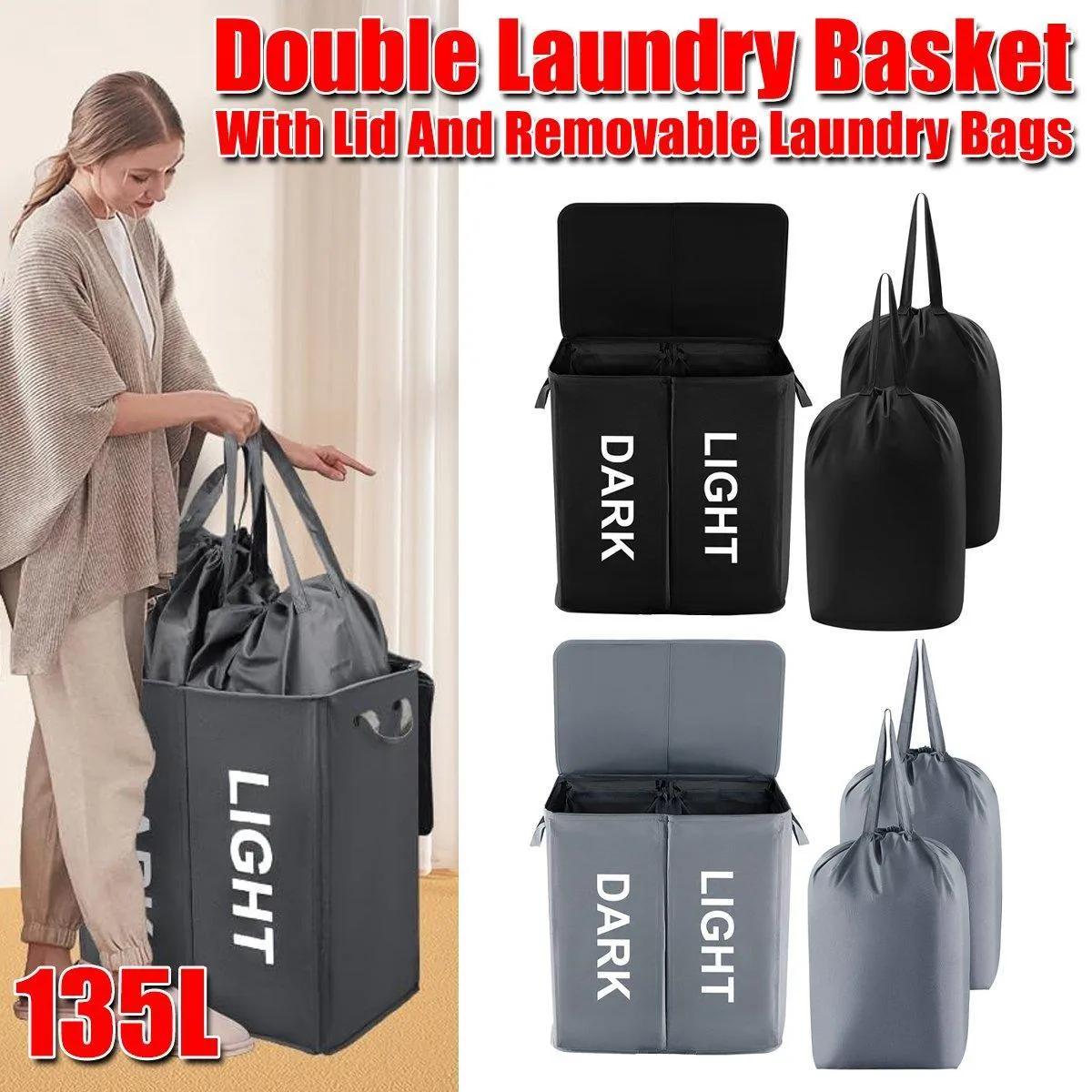 Oxford Cloth Double Laundry Basket for Dirty Clothes Storage Hamper Organizer