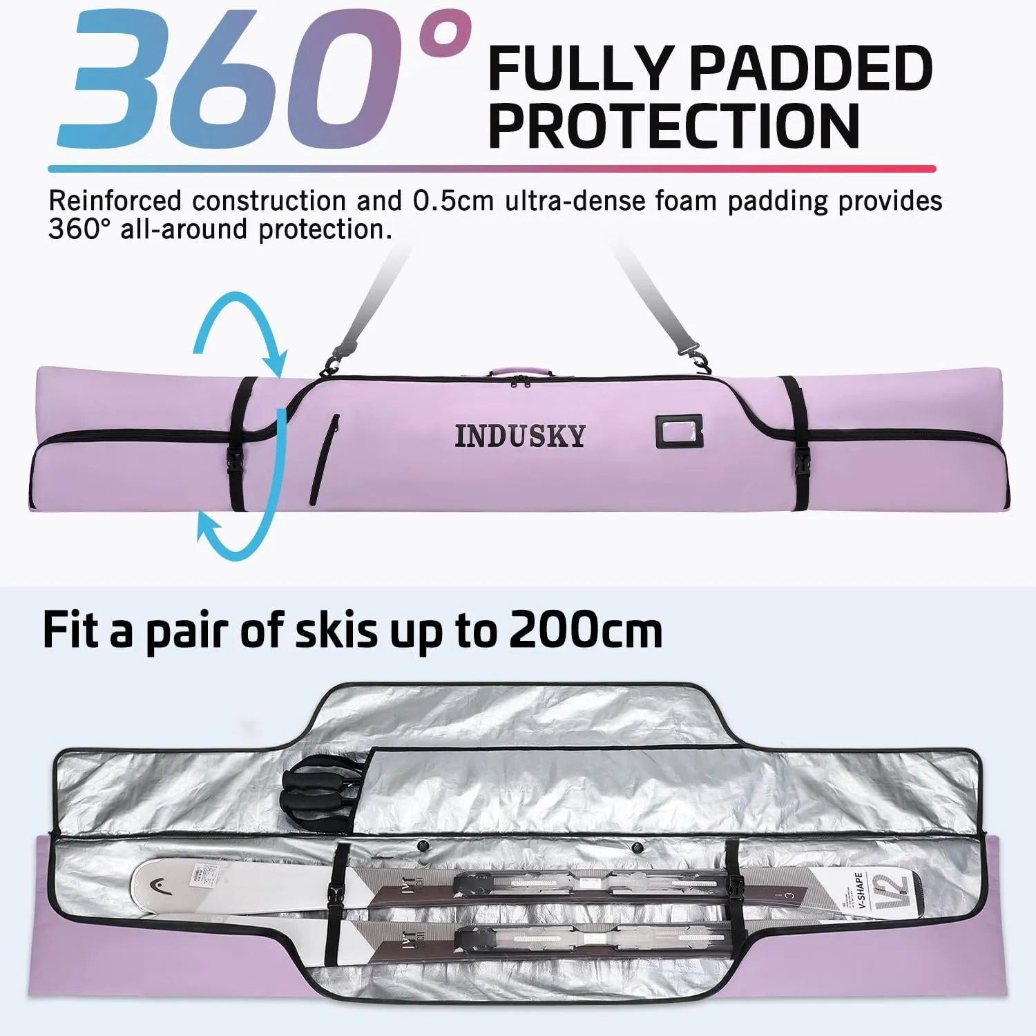 Padded Ski Bag - Waterproof, Adjustable Length, Fits Skis Up to 200cm, Portable Snow Travel Bag with Removable Shoulder Strap