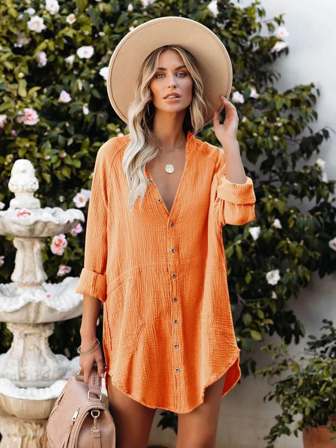 Paintcolors Women's Long Sleeve Button Down Tunic Dresses Beach Cover-ups Oversized Blouse Tops with Pockets