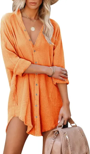 Paintcolors Women's Long Sleeve Button Down Tunic Dresses Beach Cover-ups Oversized Blouse Tops with Pockets