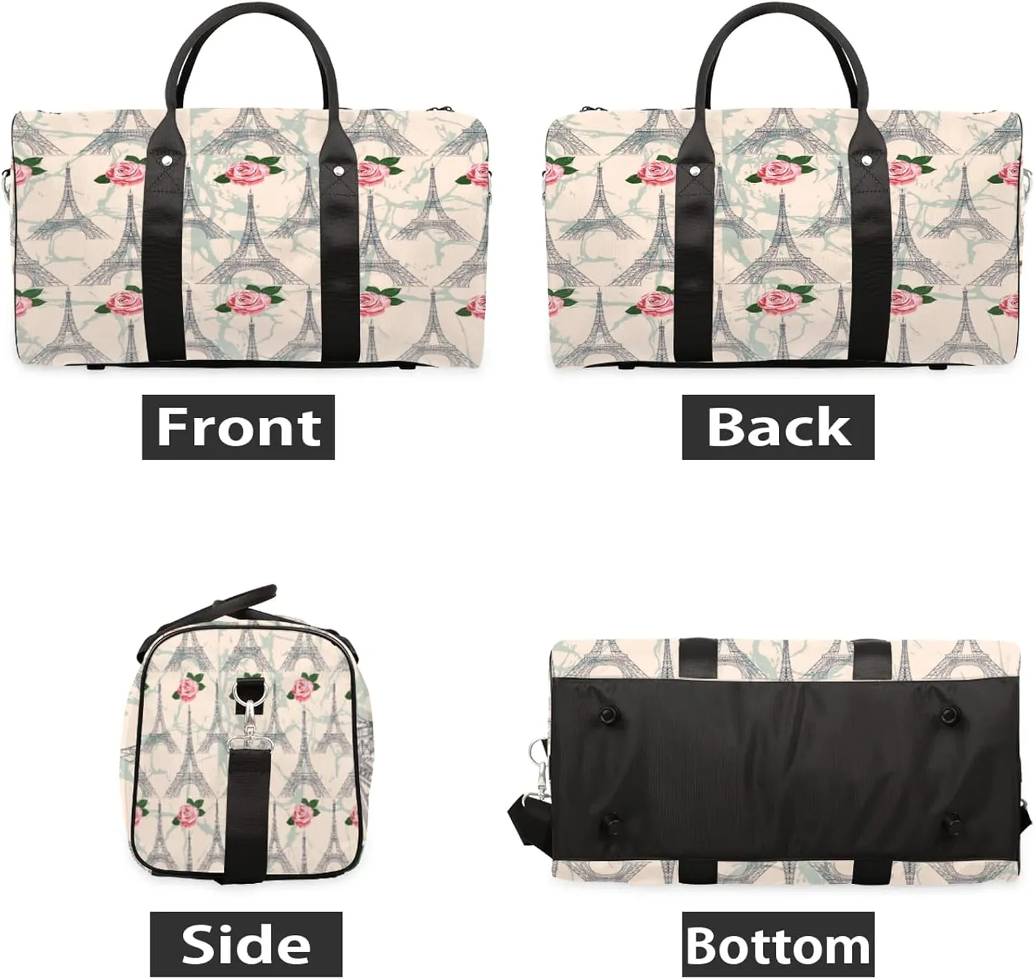 Paris Eiffel Tower Pink Flowers Travel Duffle Bag for Women Men, Carry On Overnight Bag, Weekend Travel Duffel Tote Bags for Trips Sport Hospital