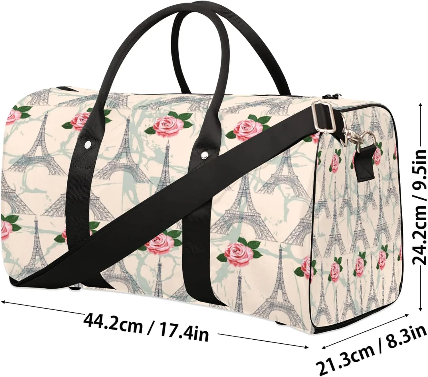 Paris Eiffel Tower Pink Flowers Travel Duffle Bag for Women Men, Carry On Overnight Bag, Weekend Travel Duffel Tote Bags for Trips Sport Hospital