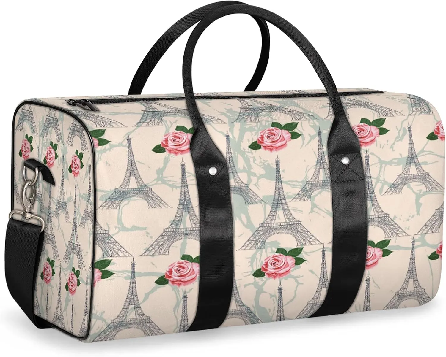 Paris Eiffel Tower Pink Flowers Travel Duffle Bag for Women Men, Carry On Overnight Bag, Weekend Travel Duffel Tote Bags for Trips Sport Hospital