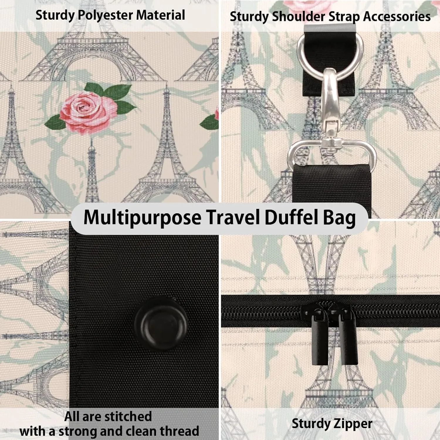 Paris Eiffel Tower Pink Flowers Travel Duffle Bag for Women Men, Carry On Overnight Bag, Weekend Travel Duffel Tote Bags for Trips Sport Hospital