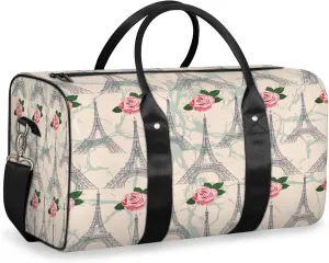 Paris Eiffel Tower Pink Flowers Travel Duffle Bag for Women Men, Carry On Overnight Bag, Weekend Travel Duffel Tote Bags for Trips Sport Hospital