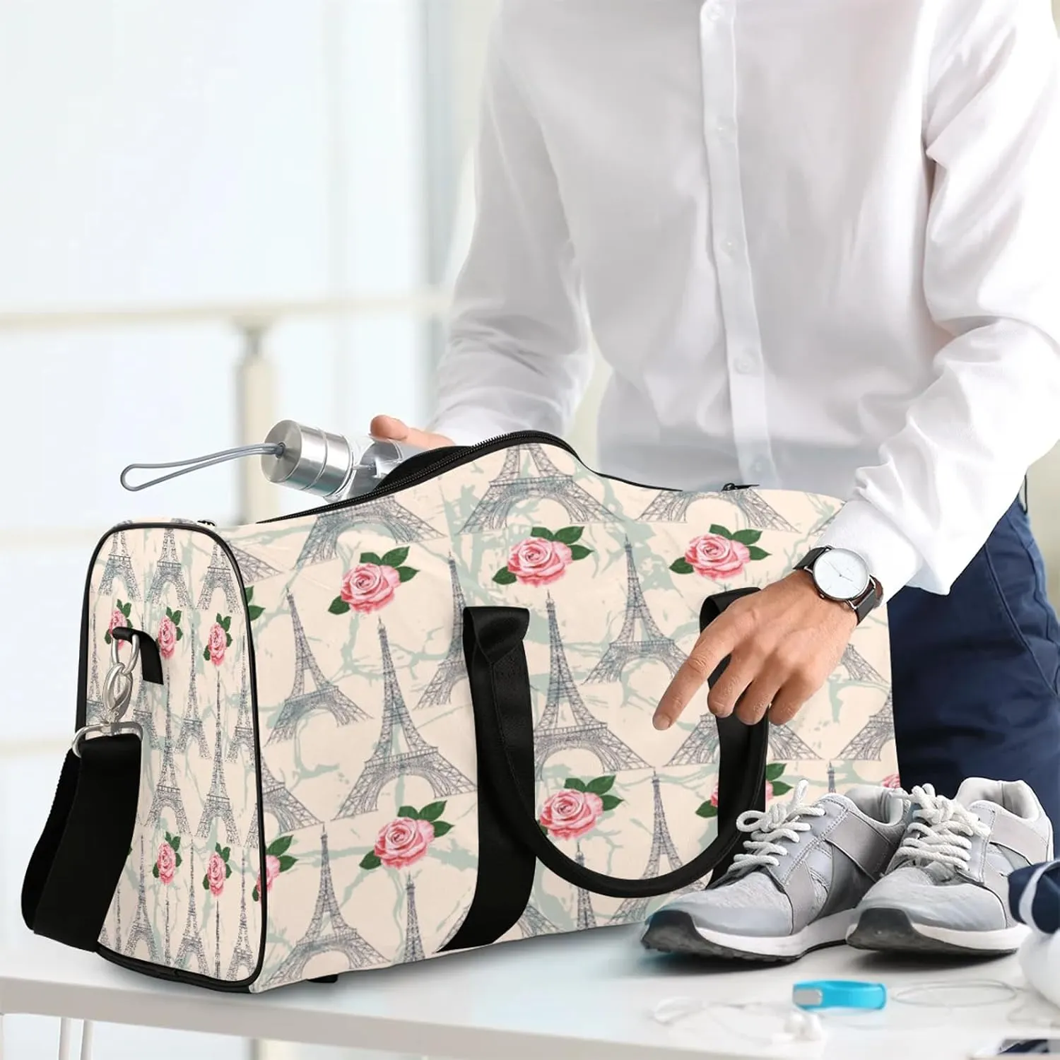 Paris Eiffel Tower Pink Flowers Travel Duffle Bag for Women Men, Carry On Overnight Bag, Weekend Travel Duffel Tote Bags for Trips Sport Hospital