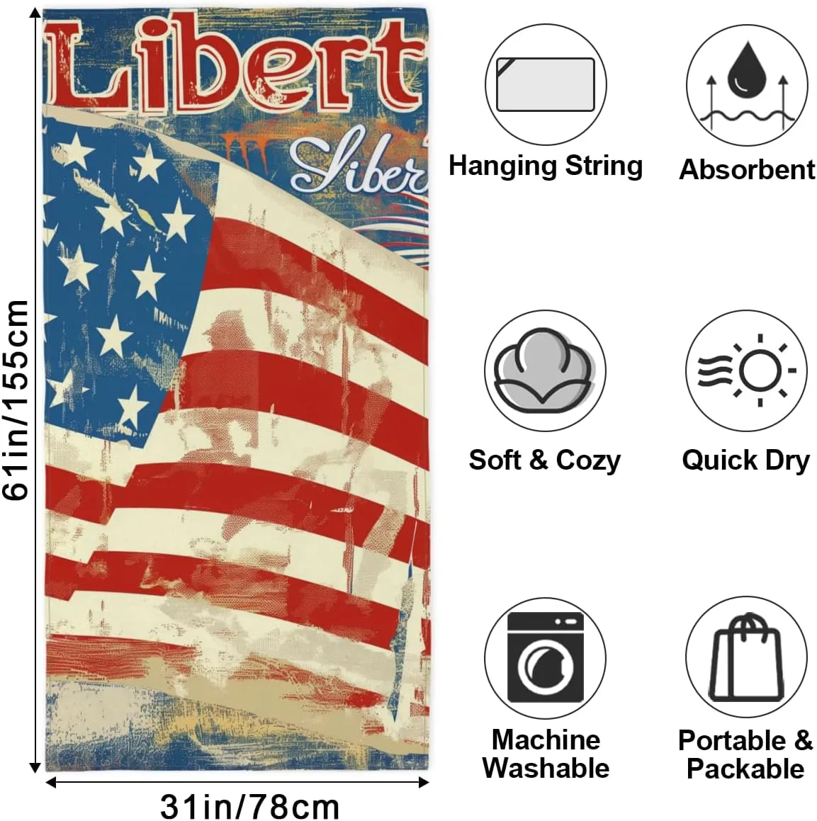 Pattern of Freedom Beach Towels Set of 2 Large, Flag Beach Towels 100% Microfiber Quick Dry Absorbent Towel Travel Essentials for Women