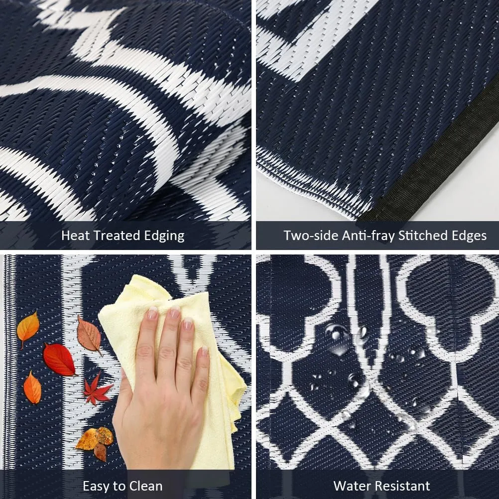 Pendolr 5’x8’ Outdoor Rug Waterproof Carpet Patio Rug Outdoor Plastic Straw Rug Camping Rug Reversible Outside Outdoor Area Rug for Balcony Deck Backyard RV Picnic Beach Navy&White 01#
