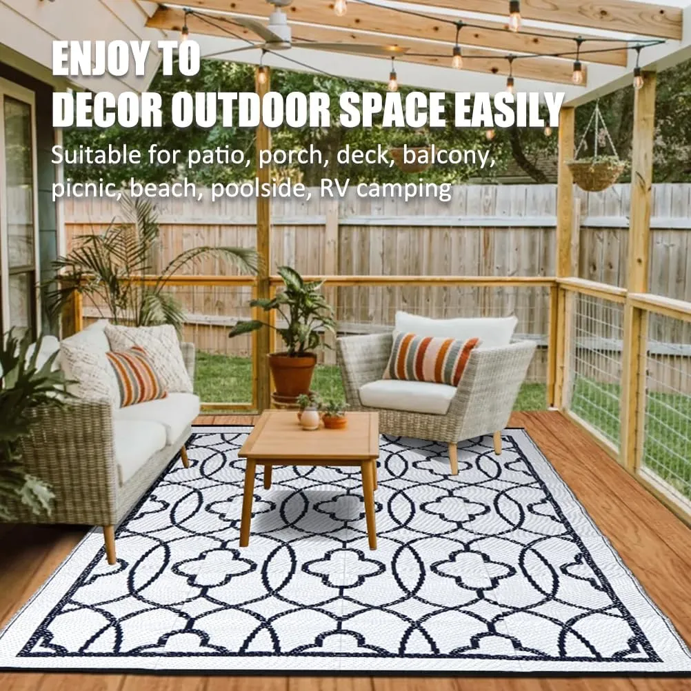 Pendolr 5’x8’ Outdoor Rug Waterproof Carpet Patio Rug Outdoor Plastic Straw Rug Camping Rug Reversible Outside Outdoor Area Rug for Balcony Deck Backyard RV Picnic Beach Navy&White 01#