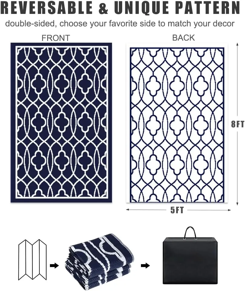 Pendolr 5’x8’ Outdoor Rug Waterproof Carpet Patio Rug Outdoor Plastic Straw Rug Camping Rug Reversible Outside Outdoor Area Rug for Balcony Deck Backyard RV Picnic Beach Navy&White 01#