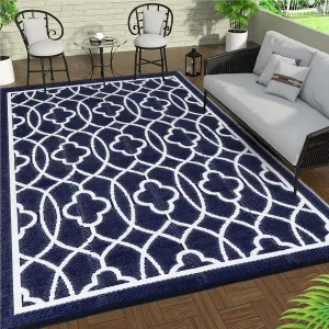 Pendolr 5’x8’ Outdoor Rug Waterproof Carpet Patio Rug Outdoor Plastic Straw Rug Camping Rug Reversible Outside Outdoor Area Rug for Balcony Deck Backyard RV Picnic Beach Navy&White 01#