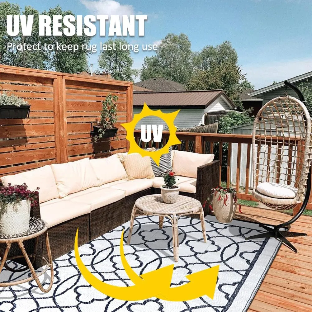 Pendolr 5’x8’ Outdoor Rug Waterproof Carpet Patio Rug Outdoor Plastic Straw Rug Camping Rug Reversible Outside Outdoor Area Rug for Balcony Deck Backyard RV Picnic Beach Navy&White 01#