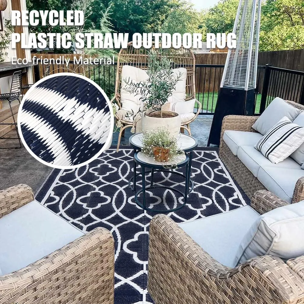 Pendolr 5’x8’ Outdoor Rug Waterproof Carpet Patio Rug Outdoor Plastic Straw Rug Camping Rug Reversible Outside Outdoor Area Rug for Balcony Deck Backyard RV Picnic Beach Navy&White 01#