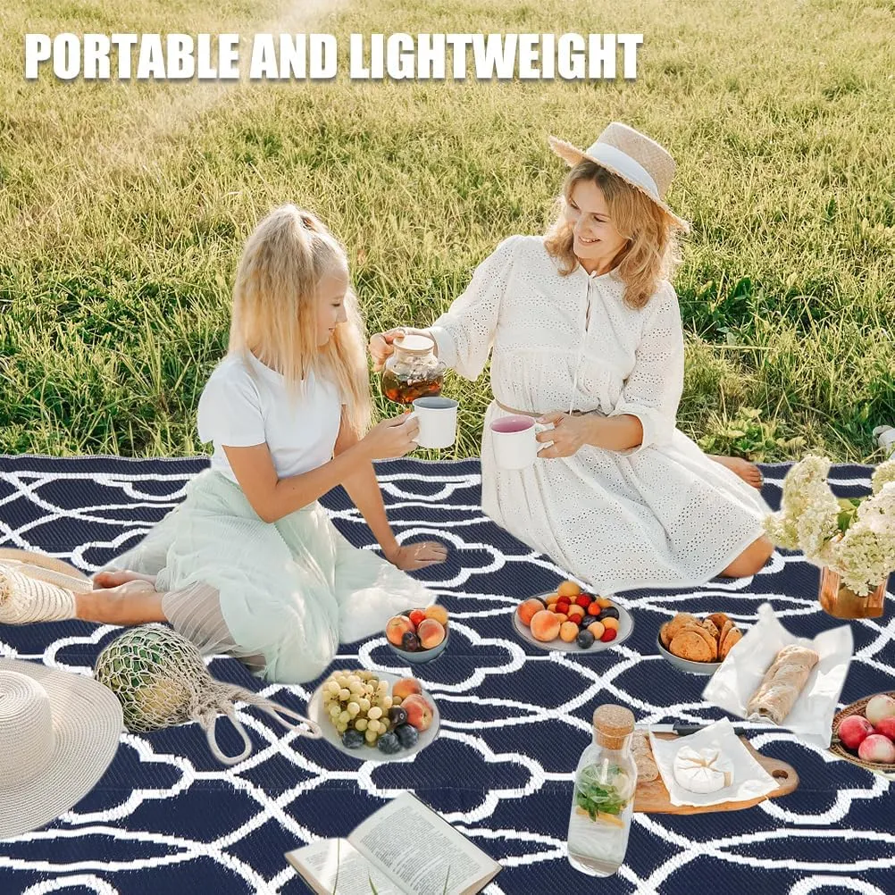 Pendolr 5’x8’ Outdoor Rug Waterproof Carpet Patio Rug Outdoor Plastic Straw Rug Camping Rug Reversible Outside Outdoor Area Rug for Balcony Deck Backyard RV Picnic Beach Navy&White 01#