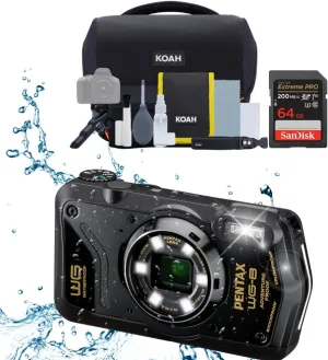 Pentax WG-8 All-Weather Camera with Heavy-Duty Construction and 5X Optical Zoom Lens (Black) Bundle with Street Camera System Gadget Bag and 64GB Extreme Pro SDXC UHS-I Memory Card (3 Items)