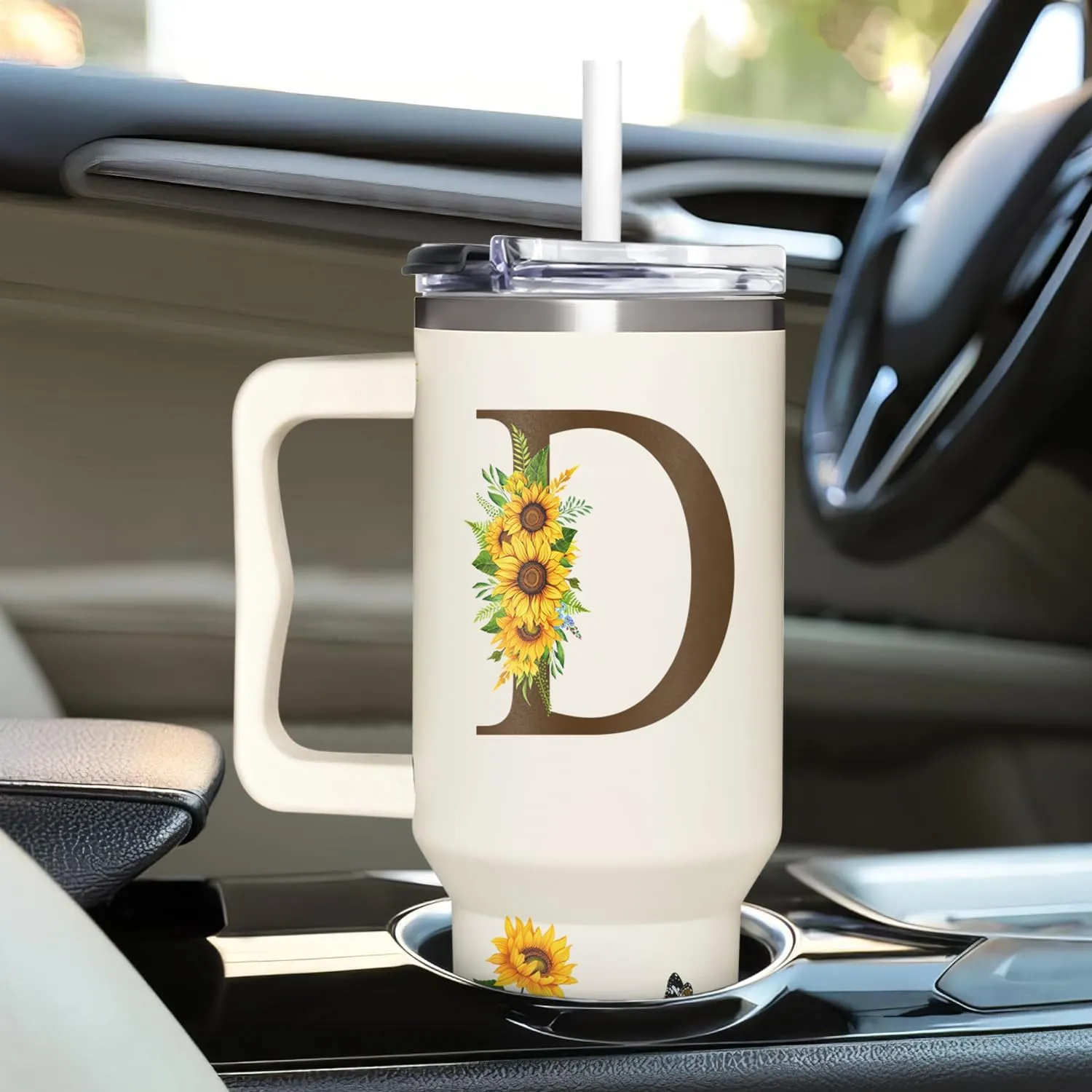 Personalized Birthday Gifts For Women - Sunflowers Monogrammed Cup For Boss Day, Christmas - Customized Gifts For Women, Mom, Wife, Coworkers, Boss Lady, Her - Custom Tumbler With Handle 40oz