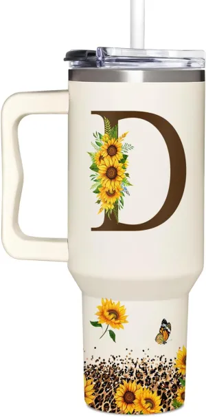 Personalized Birthday Gifts For Women - Sunflowers Monogrammed Cup For Boss Day, Christmas - Customized Gifts For Women, Mom, Wife, Coworkers, Boss Lady, Her - Custom Tumbler With Handle 40oz