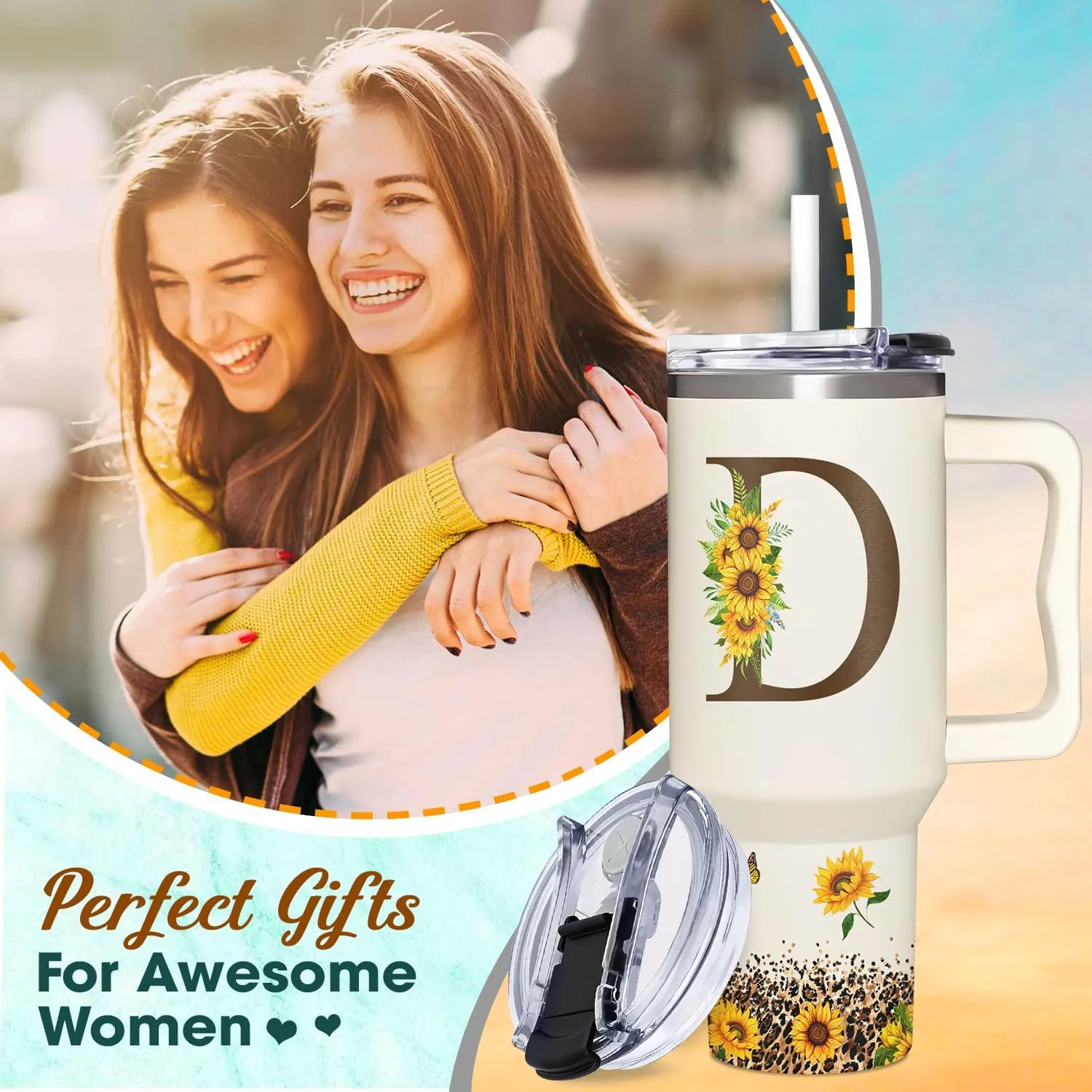 Personalized Birthday Gifts For Women - Sunflowers Monogrammed Cup For Boss Day, Christmas - Customized Gifts For Women, Mom, Wife, Coworkers, Boss Lady, Her - Custom Tumbler With Handle 40oz