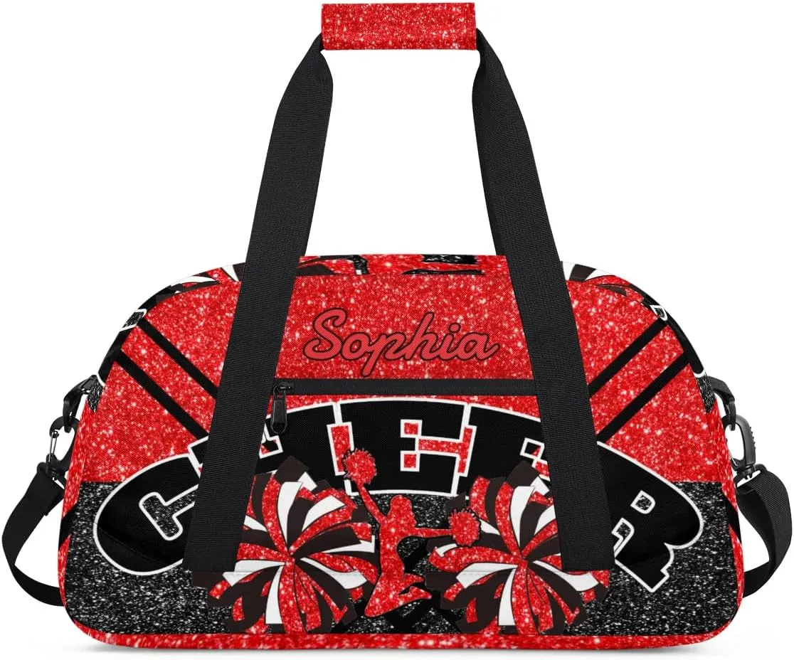 Personalized Cheer Duffel Bag - Custom Cheerleader Bag with Name for Sport Events, Dance, Gym, Overnight, Weekender, Carry-on - Red Glitter
