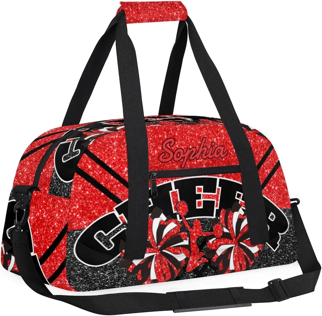 Personalized Cheer Duffel Bag - Custom Cheerleader Bag with Name for Sport Events, Dance, Gym, Overnight, Weekender, Carry-on - Red Glitter