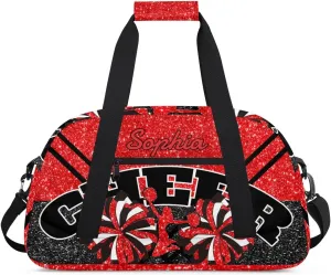 Personalized Cheer Duffel Bag - Custom Cheerleader Bag with Name for Sport Events, Dance, Gym, Overnight, Weekender, Carry-on - Red Glitter