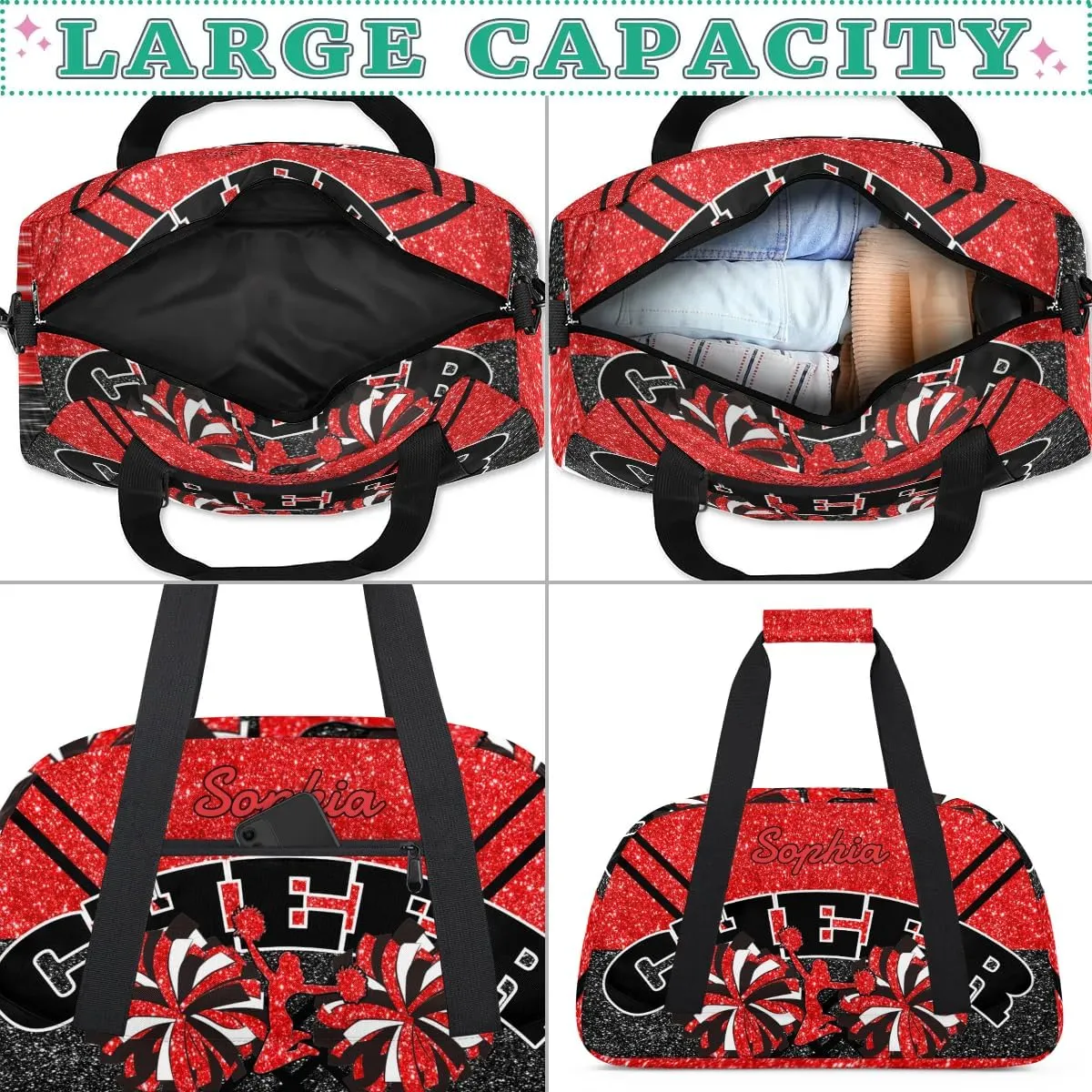 Personalized Cheer Duffel Bag - Custom Cheerleader Bag with Name for Sport Events, Dance, Gym, Overnight, Weekender, Carry-on - Red Glitter