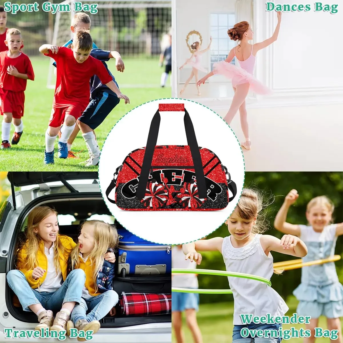 Personalized Cheer Duffel Bag - Custom Cheerleader Bag with Name for Sport Events, Dance, Gym, Overnight, Weekender, Carry-on - Red Glitter