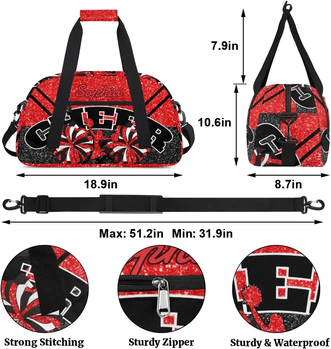 Personalized Cheer Duffel Bag - Custom Cheerleader Bag with Name for Sport Events, Dance, Gym, Overnight, Weekender, Carry-on - Red Glitter
