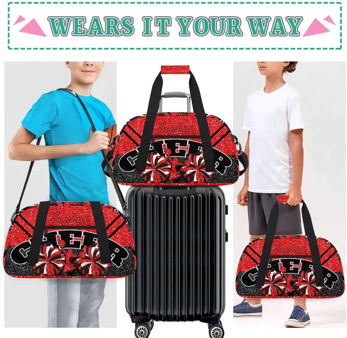 Personalized Cheer Duffel Bag - Custom Cheerleader Bag with Name for Sport Events, Dance, Gym, Overnight, Weekender, Carry-on - Red Glitter