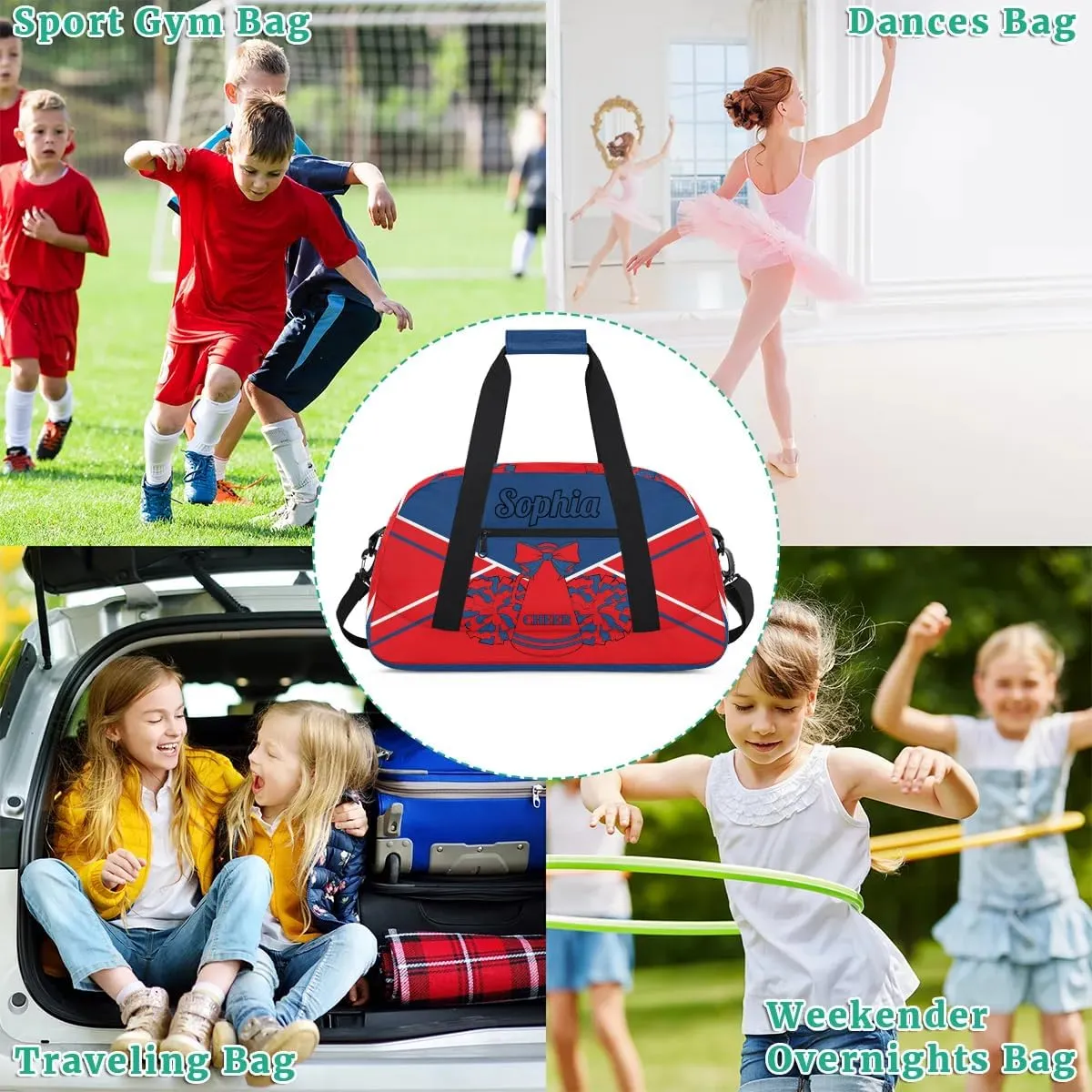 Personalized Cheer Duffel Bags Custom Cheerleader Bag with Name for Sport Events Dance Bag Gym Bag Overnight Weekender Carry-on Bag, Blue Red
