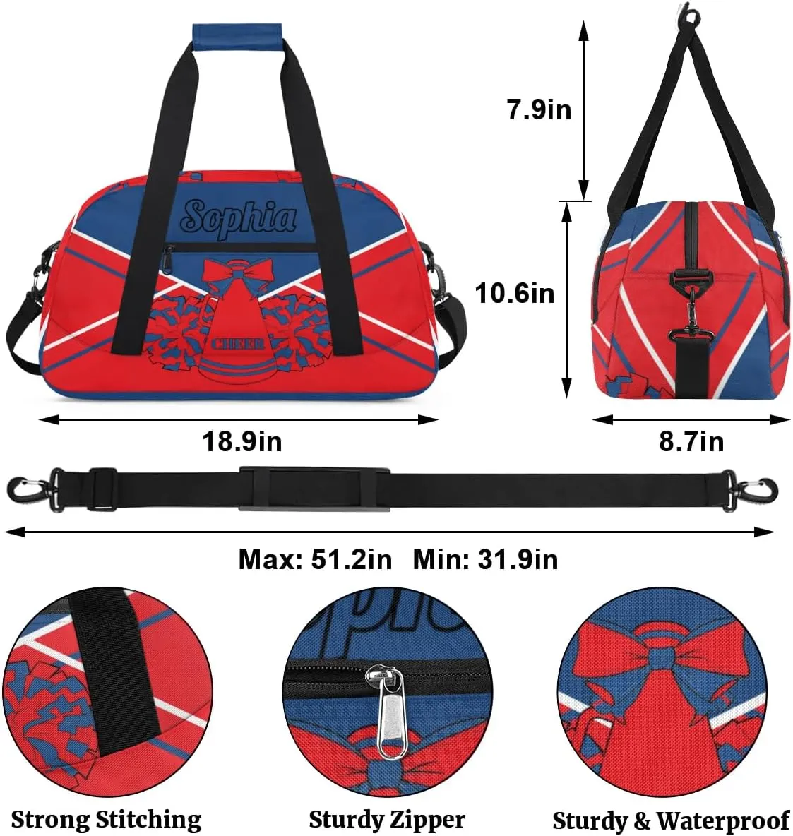 Personalized Cheer Duffel Bags Custom Cheerleader Bag with Name for Sport Events Dance Bag Gym Bag Overnight Weekender Carry-on Bag, Blue Red